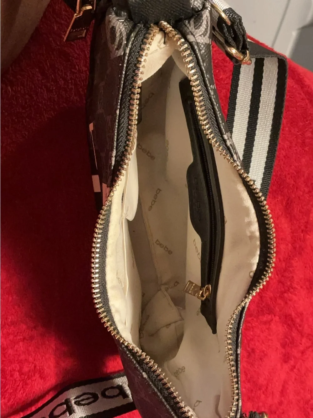 bebe Black and White Logo Crossbody Bag with Signature Strap